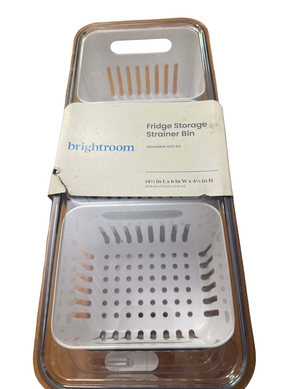 Brightroom Fridge Storage Strainer Bin Stackable with Lid 14 1/2 in L x 6 in W x